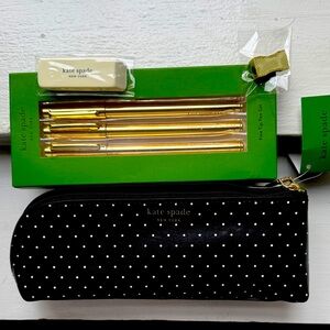Kate Spade Black Polka Dot Pouch with Gold Pen Set NWT